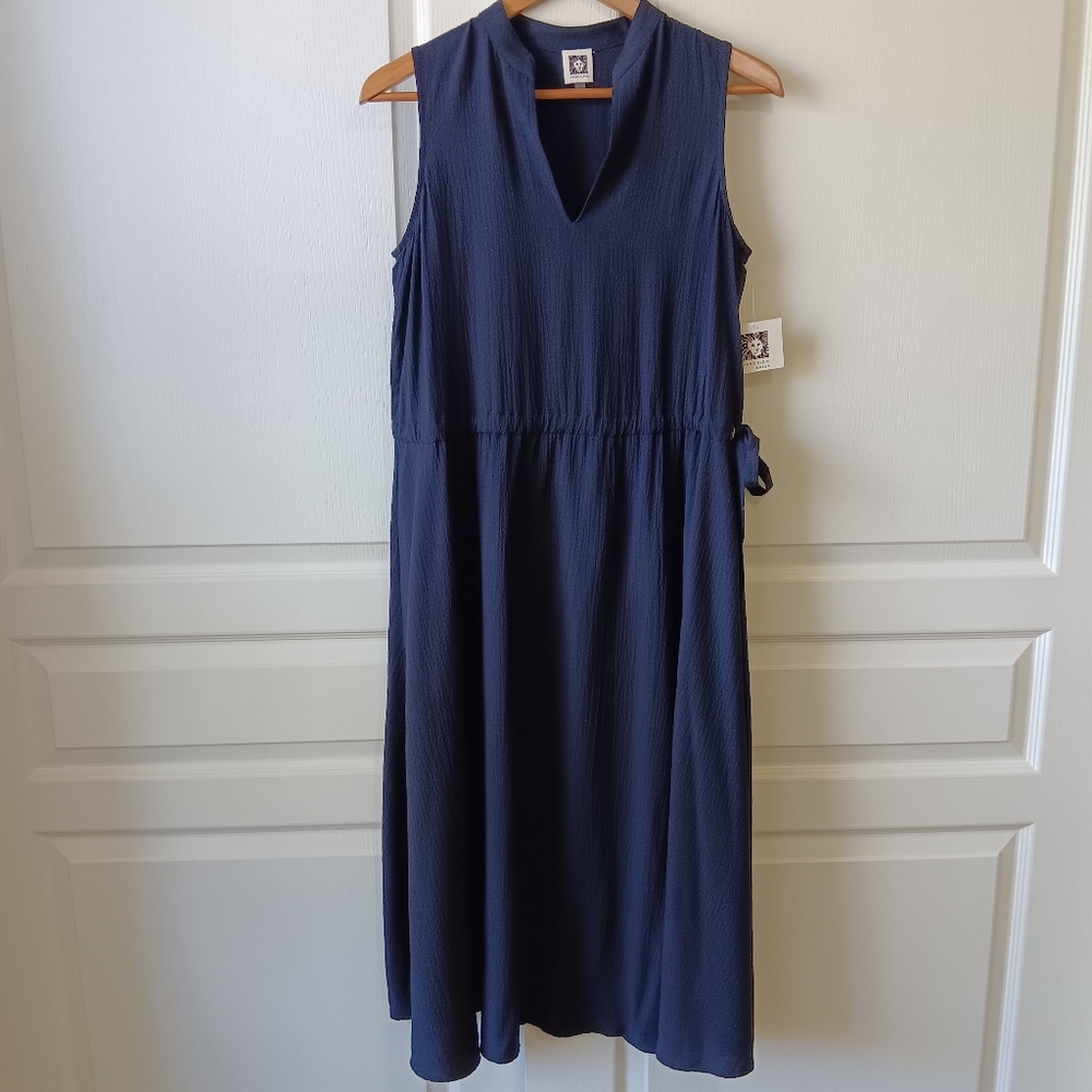 Anne Klein Women's Navy Sleeveless Textured Split-Neck Drawstring Dress Size 4